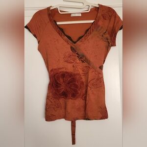Promod Asymmetrical Orange Blouse with Brown Lace Accents
